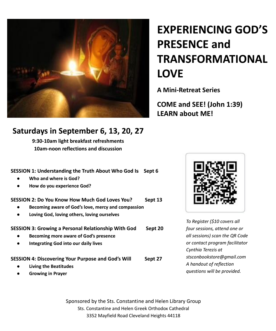 Informational flyer for the September mini-retreat series 'Experiencing God's Presence and Transformational Love' will be held on Saturdays: September 6, 13, 20, and 27. 