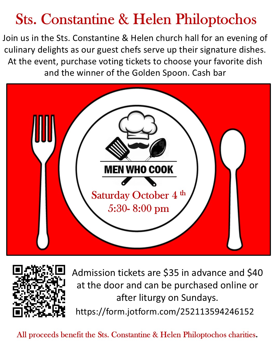 Flyer for the Men Who Cook event, to be held Saturday October 4th 5:30-8pm